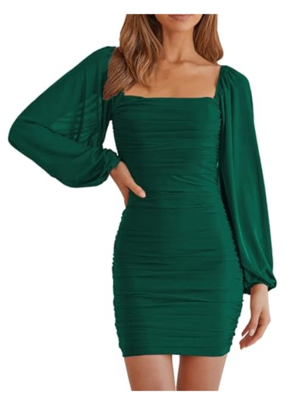 Women Long Sleeve Ruched Bodycon Mini Dress Square Neck Mesh Lantern Sleeve